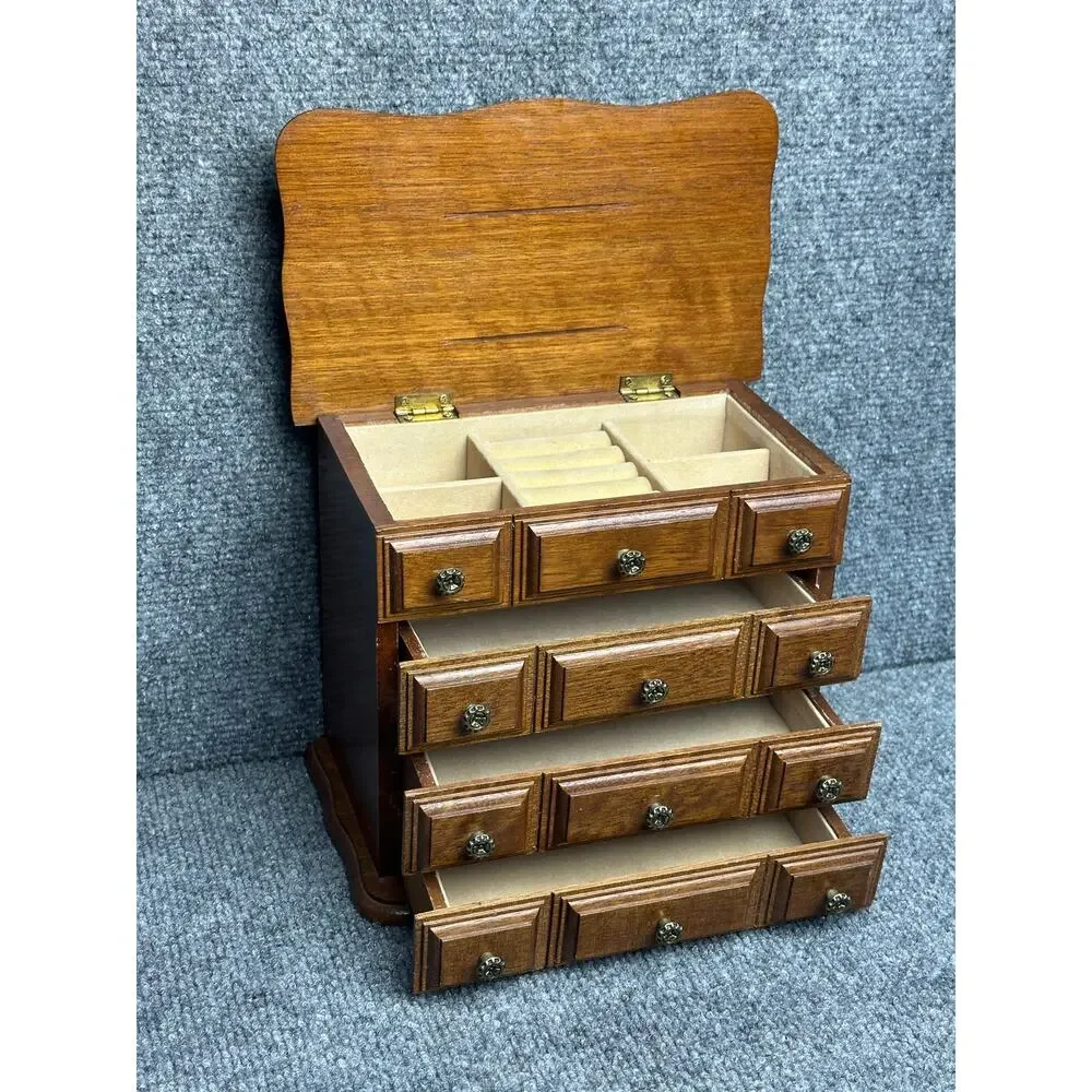 Vintage wooden jewelry box chest drawers hinged top three drawers velvet lined